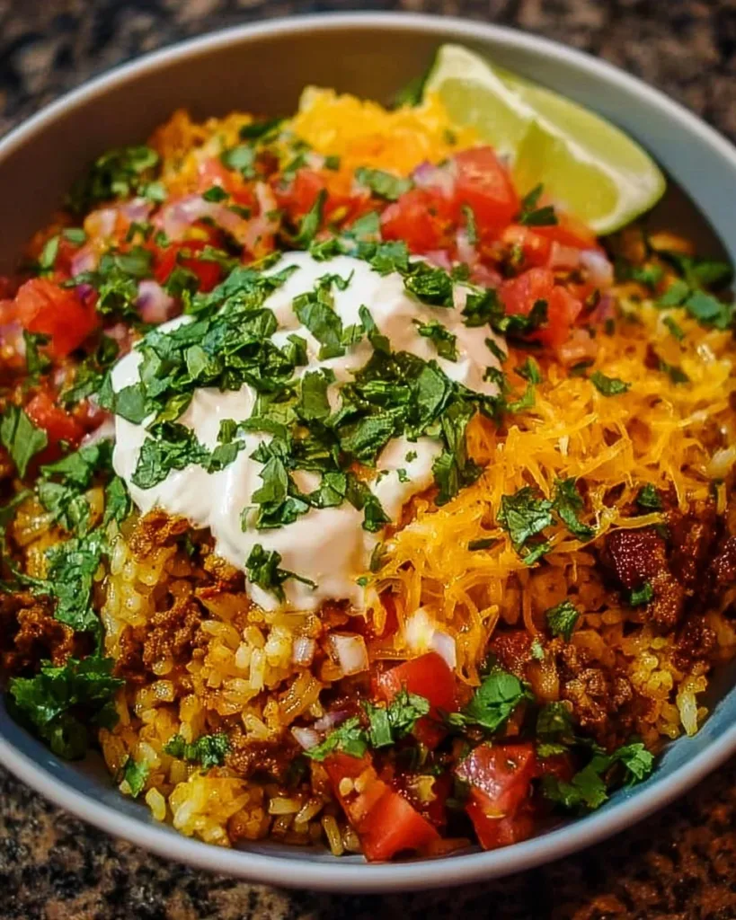 Delicious Taco Rice Bowl with toppings of lettuce, cheese, and salsa