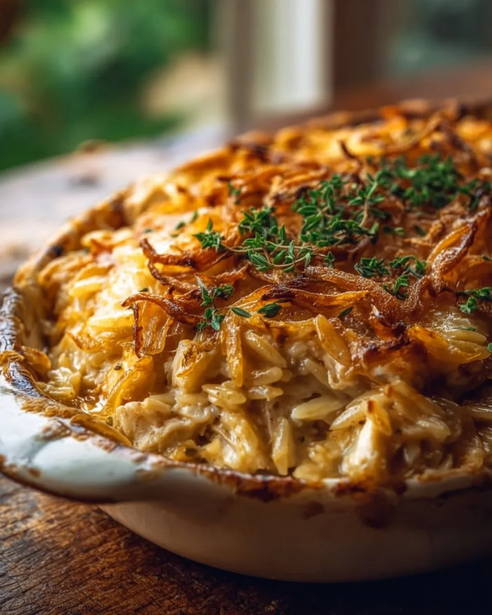French Onion Chicken Orzo Casserole