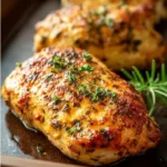 Delicious baked chicken breast served with vegetables and herbs