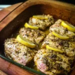 Baked Greek Lemon Chicken served with herbs and lemon slices