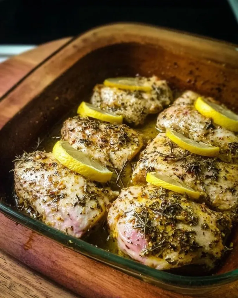 Baked Greek Lemon Chicken served with herbs and lemon slices