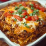 Delicious Beef Enchilada Casserole topped with cheese and spices, served in a dish.