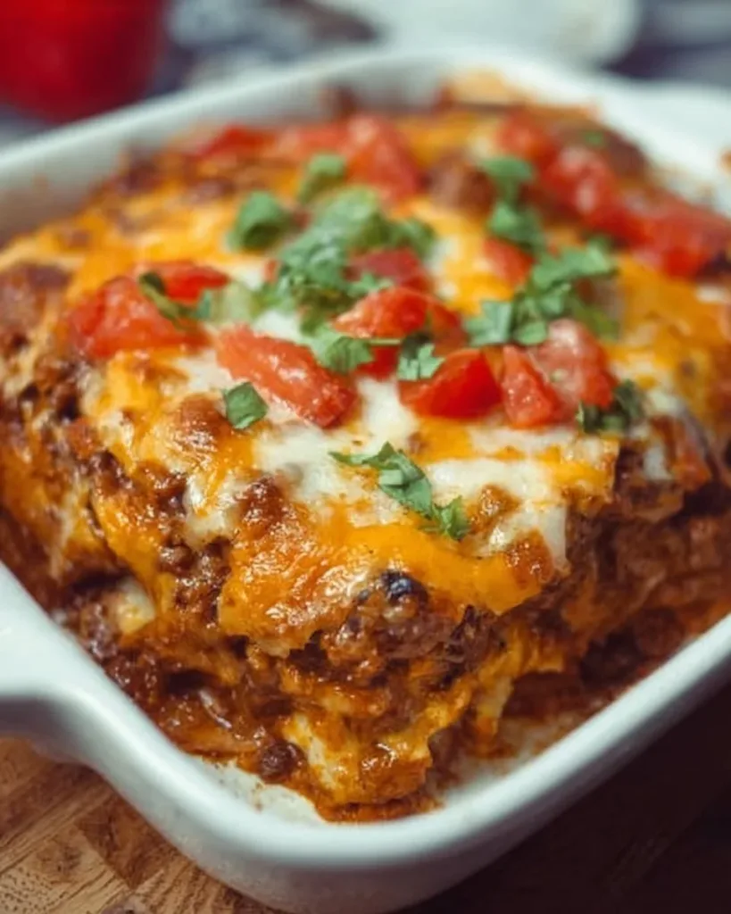 Delicious Beef Enchilada Casserole topped with cheese and spices, served in a dish.