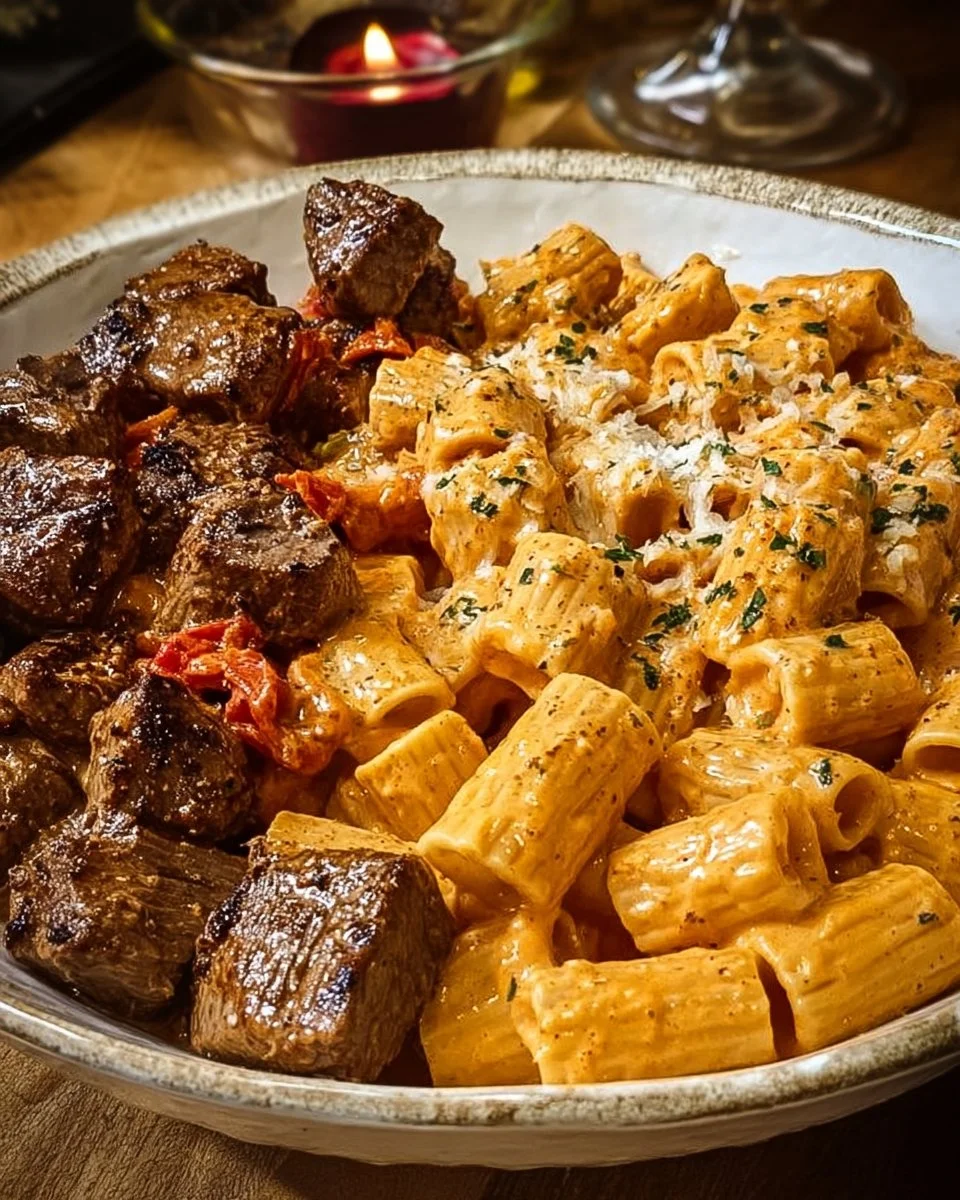 Cajun Steak Tips with Cheesy Rigatoni