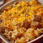 Cheesy Hamburger Rice Casserole served with fresh herbs on a plate