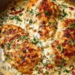 Creamy baked chicken breasts drizzled with sauce on a plate