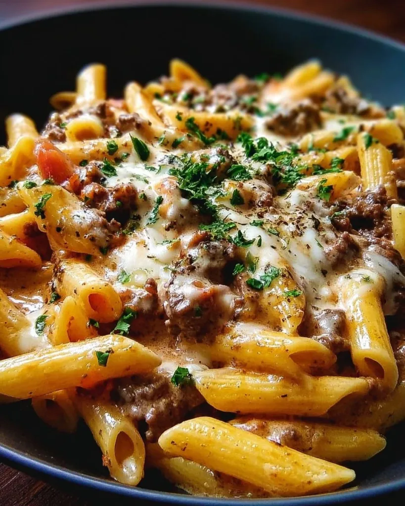 Creamy beef pasta dish served in a bowl with herbs and cheese