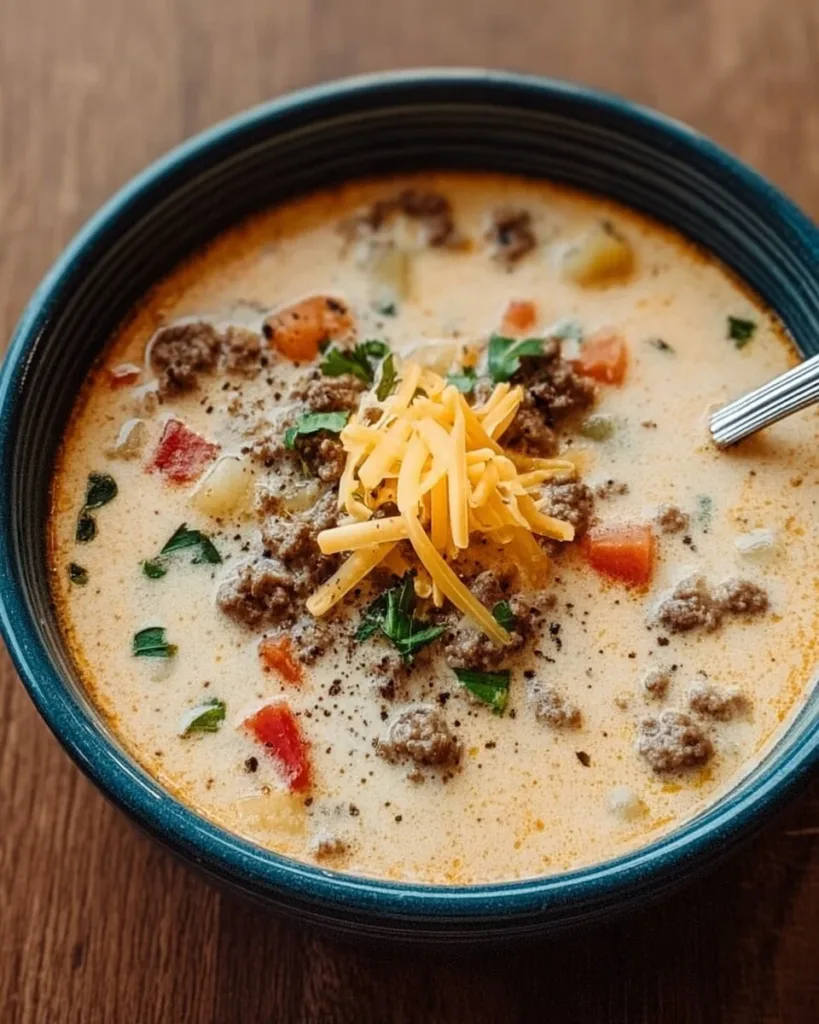 Creamy Cowboy Soup with ground beef in a hearty bowl