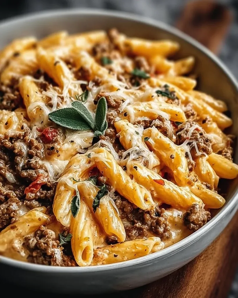 Creamy Rotel pasta with beef served in a bowl with fresh herbs on top