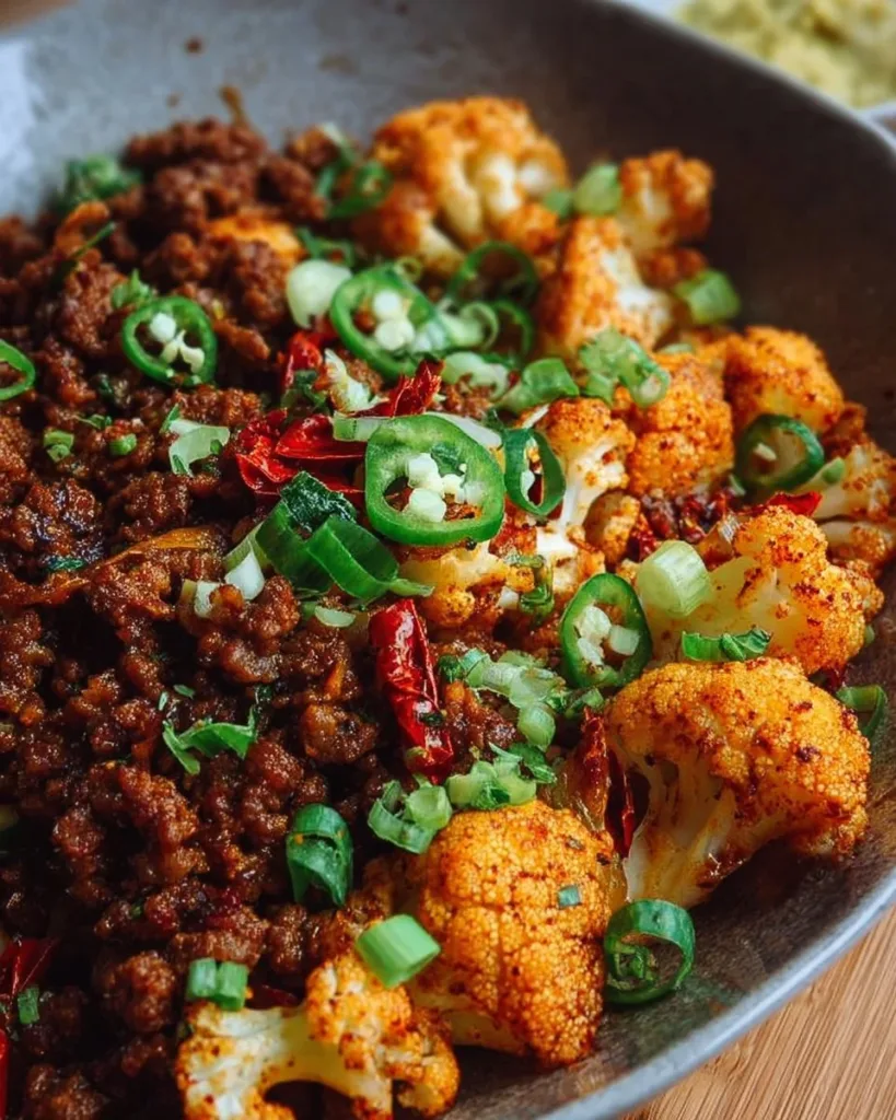 Plate of crispy Chile ground beef mixed with cauliflower, garnished with herbs.