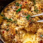 Delicious Crock Pot Angel Chicken served with creamy sauce