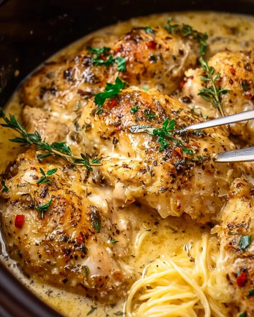 Delicious Crock Pot Angel Chicken served with creamy sauce