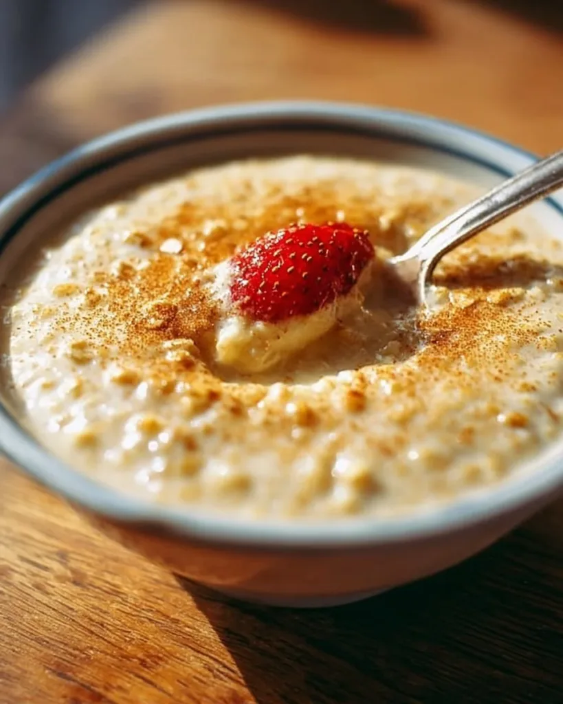 Warm bowl of custard oatmeal topped with fresh fruits and nuts