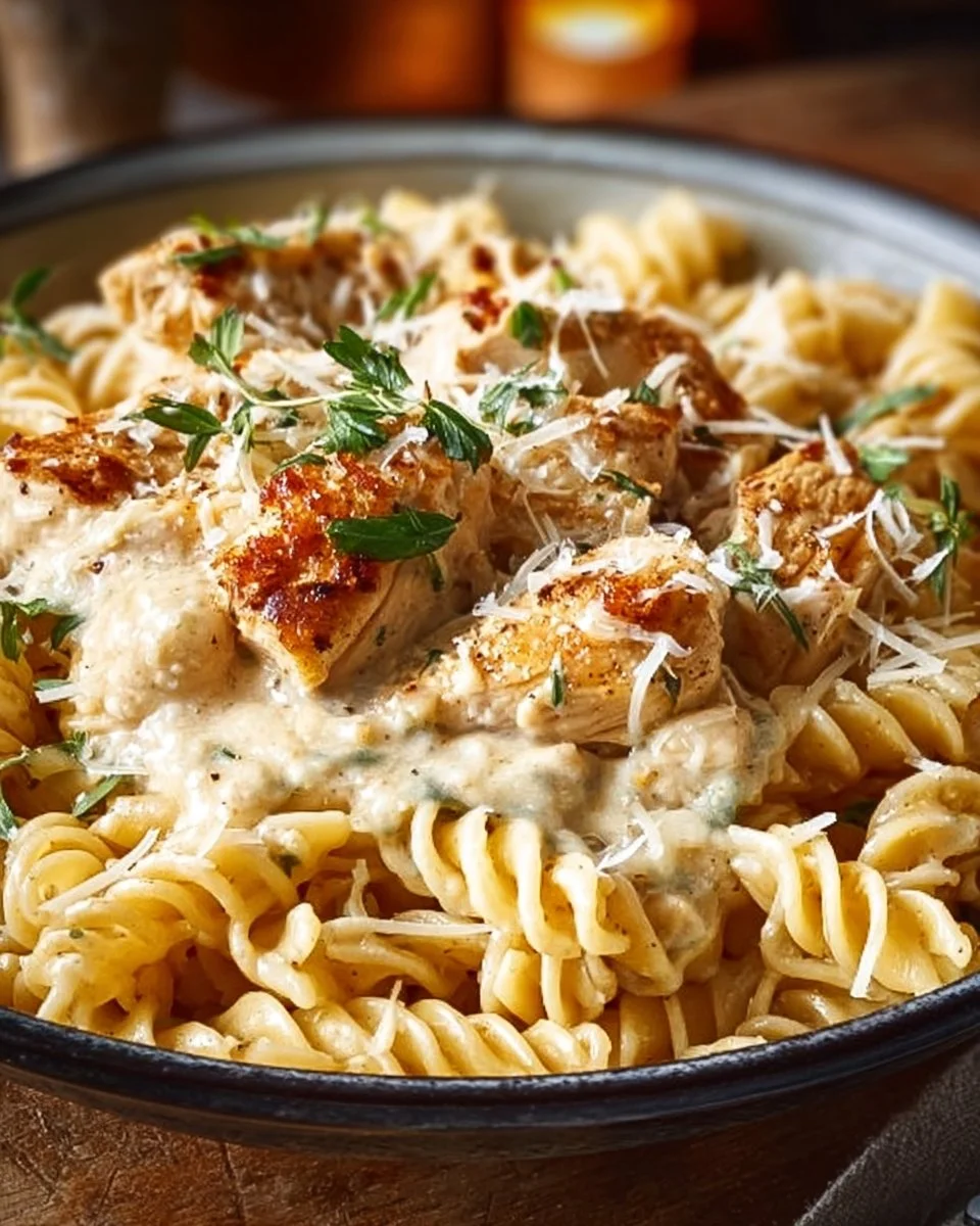 Easy Crockpot Garlic Parmesan Chicken Pasta