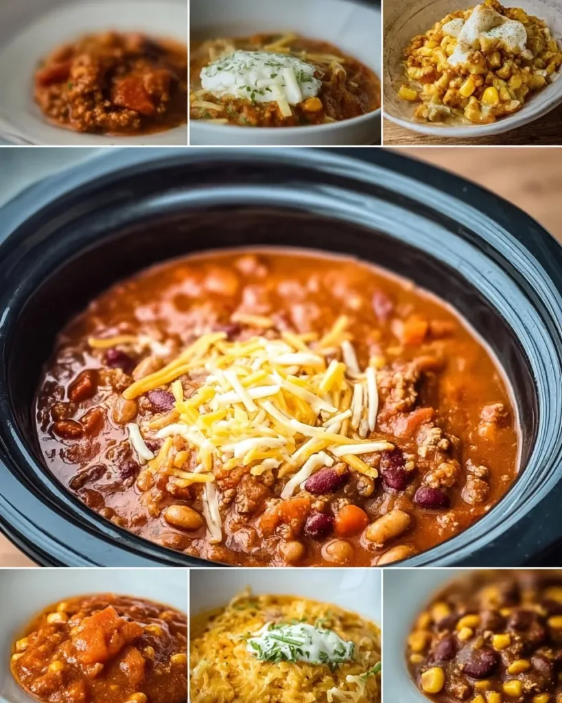 A variety of easy vegetarian crockpot meals in a cozy kitchen setting.
