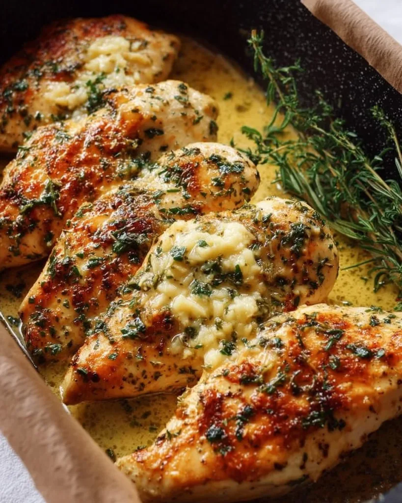 Juicy garlic butter baked chicken breast on a plate with herbs