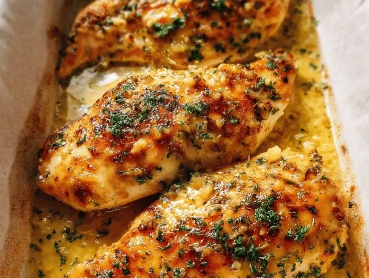 Garlic Butter Baked Chicken Breast served with herbs and spices