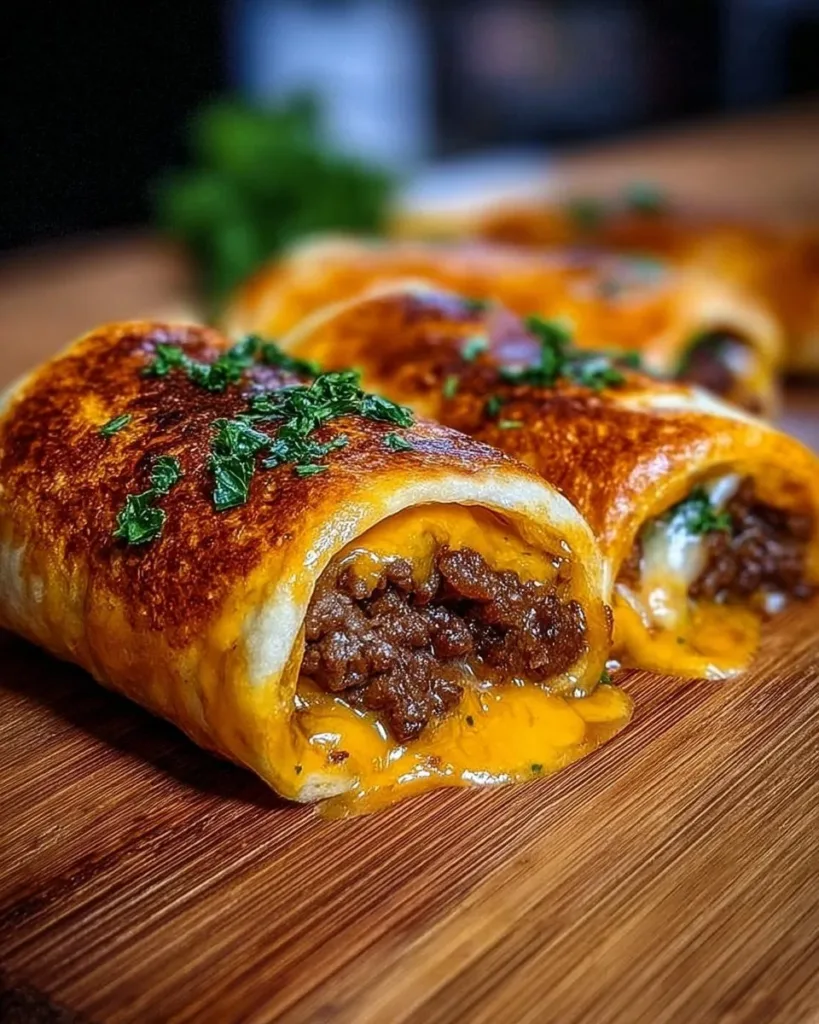 Garlic butter beef cheeseburger rollups served on a plate