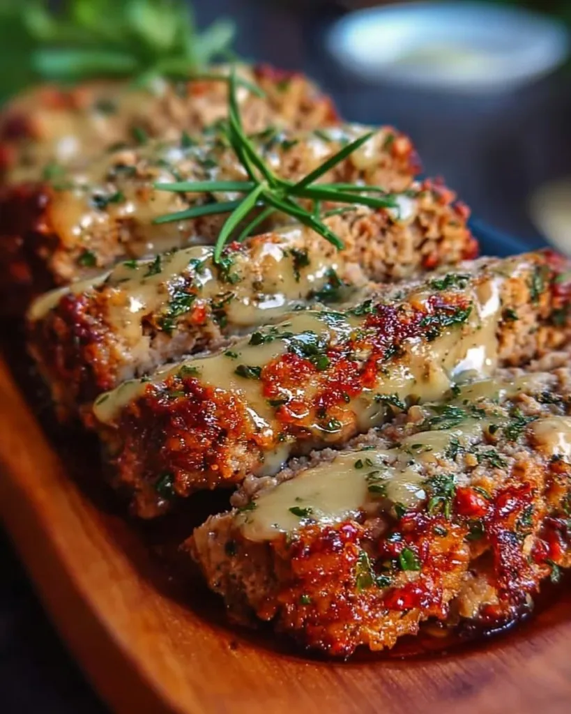 Garlic Parmesan Chicken Meatloaf served on a plate with herbs.
