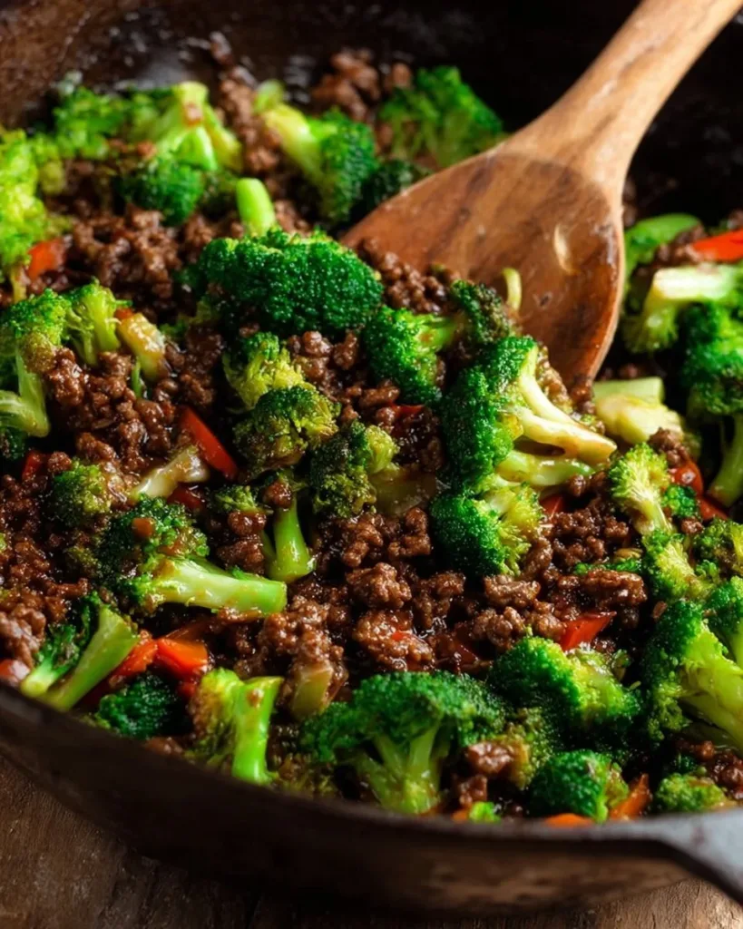 Ground Beef and Broccoli stir-fry dish in a bowl