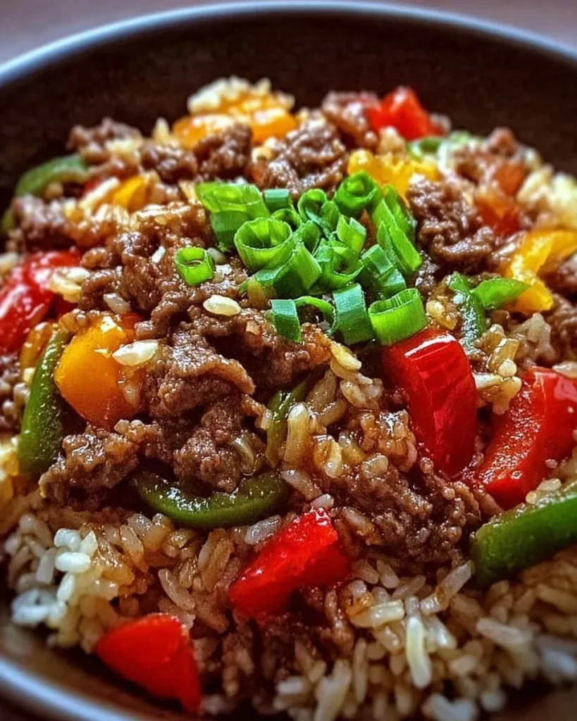 Healthy Beef and Pepper Rice Bowl with colorful vegetables and rice