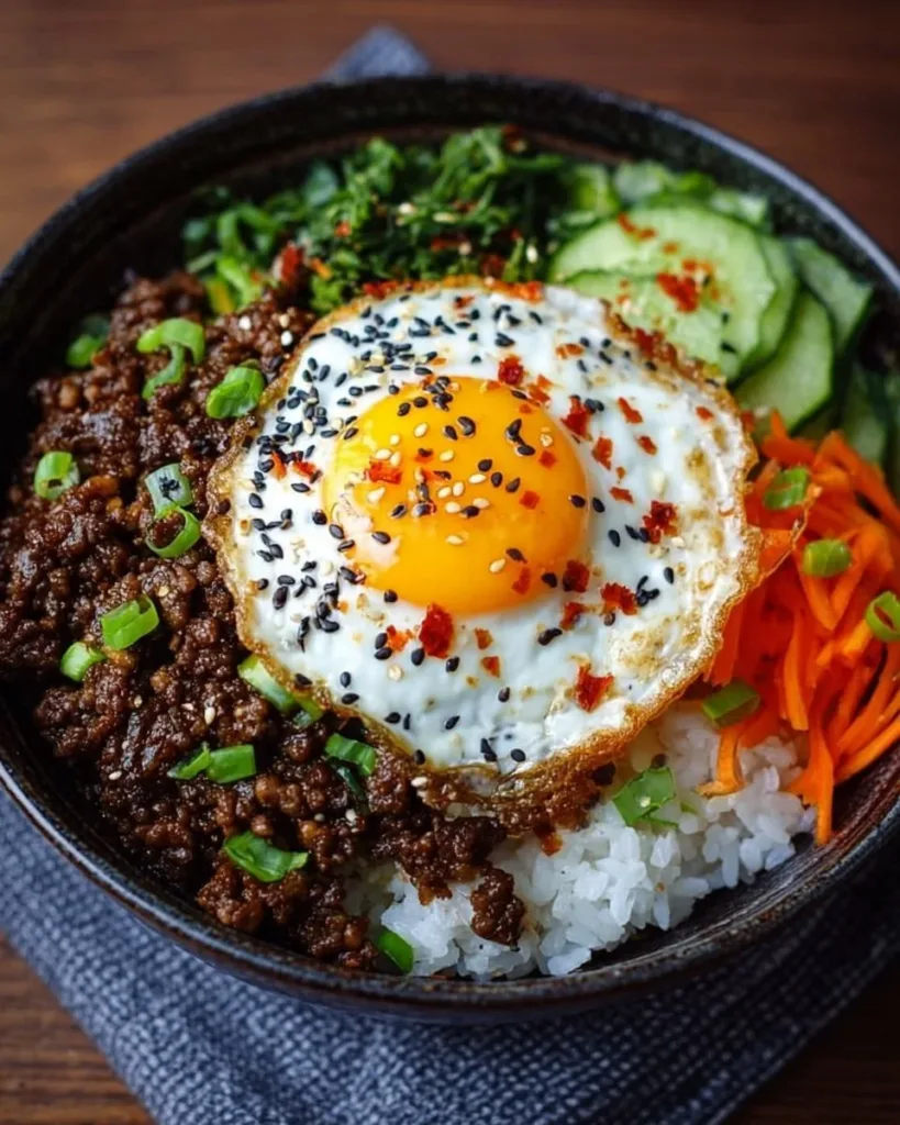 Korean Ground Beef Bowl with rice and vegetables served in a bowl
