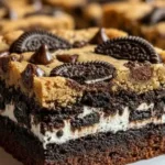 Decadent layered brownies with cookie dough and Oreos on a plate