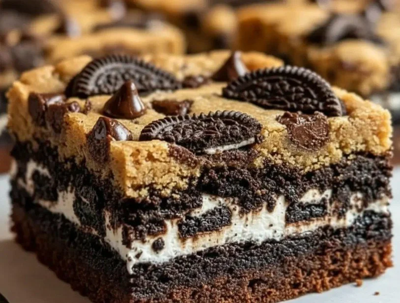 Decadent layered brownies with cookie dough and Oreos on a plate