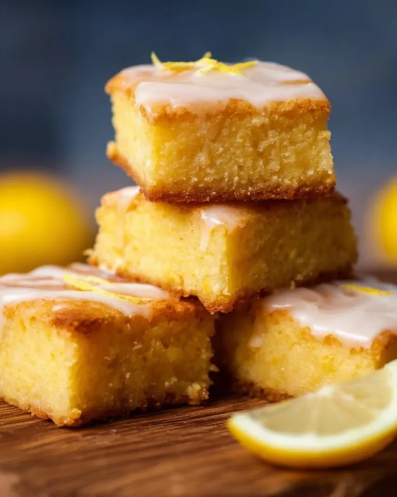 Delicious lemon brownies with a zesty lemon glaze on a white plate