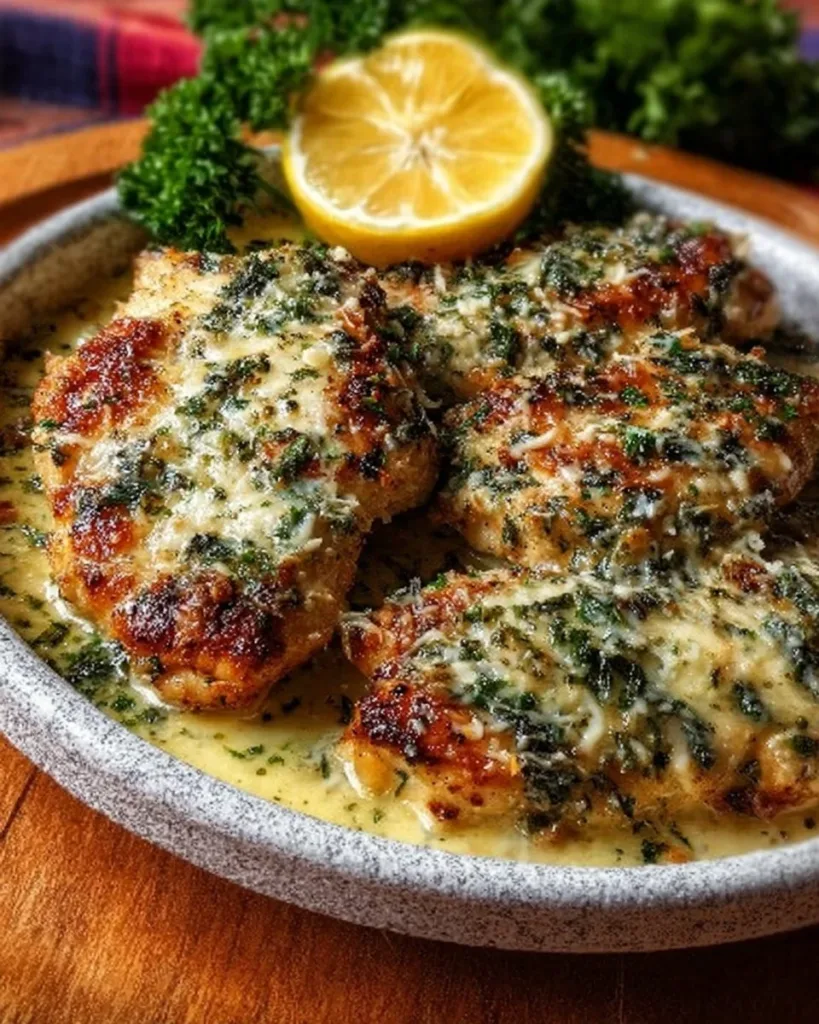 Delicious Lemon Chicken Romano garnished with herbs and served on a white plate.