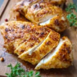 Juicy oven baked chicken breast on a plate with herbs and spices