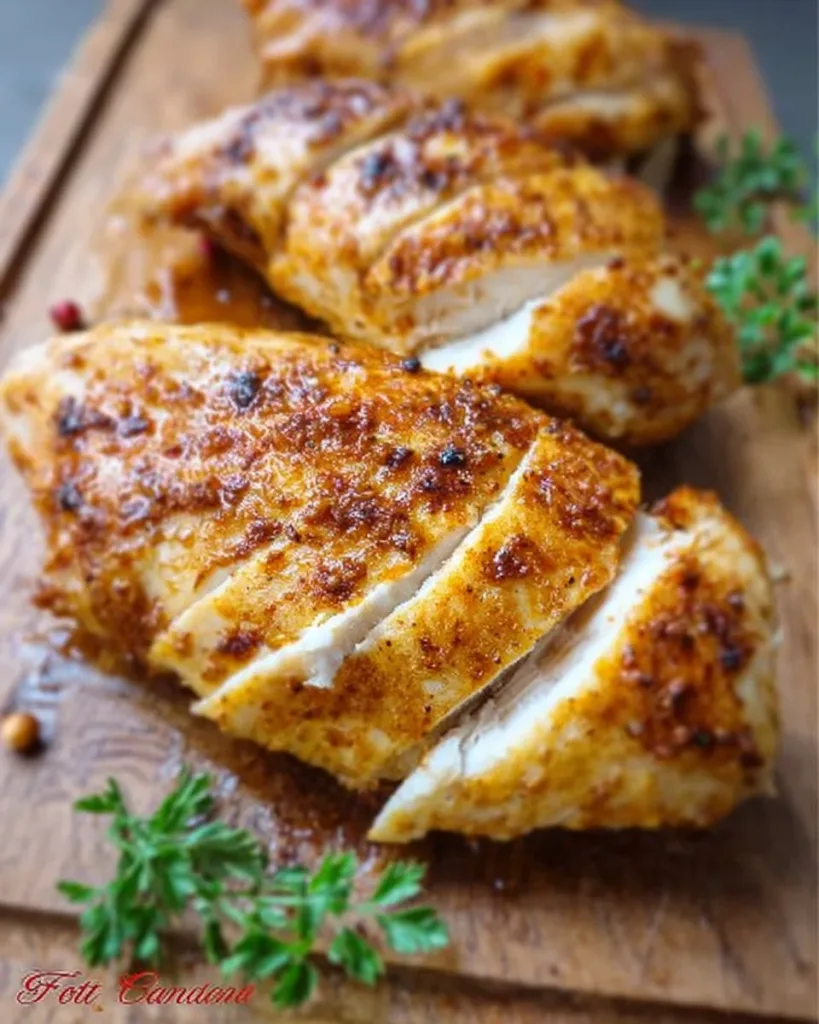 Juicy oven baked chicken breast on a plate with herbs and spices