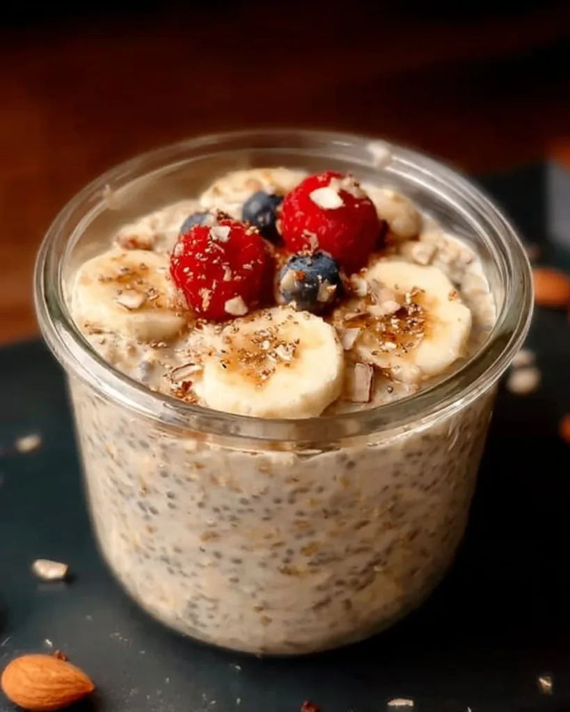 Bowl of colorful overnight oats topped with fresh fruits and nuts