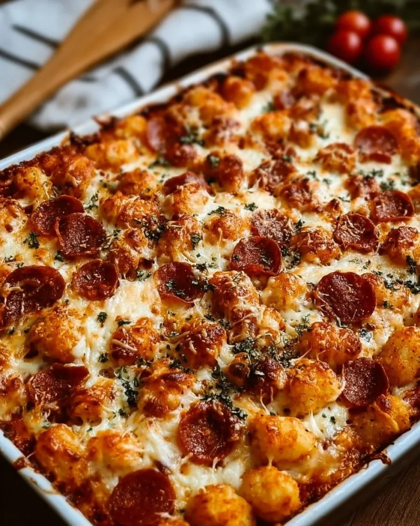 Delicious Pizza Tot Casserole topped with cheese and pepperoni in a baking dish.
