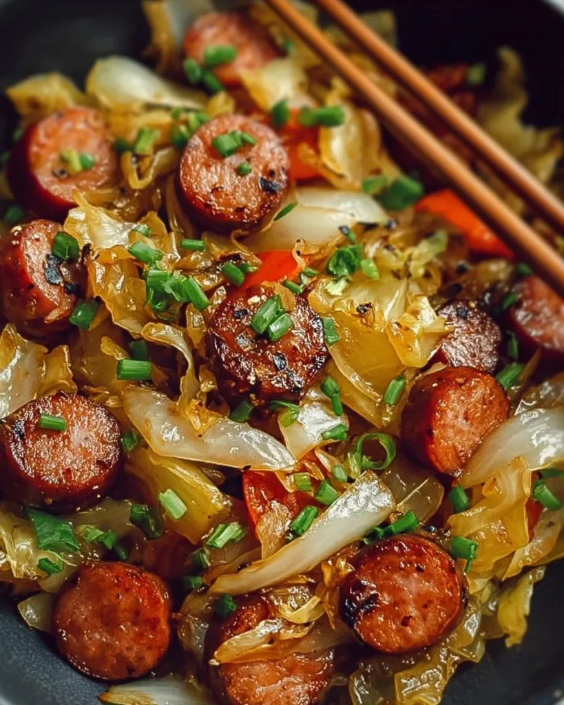 Sausage and cabbage stir fry dish with colorful vegetables in a skillet