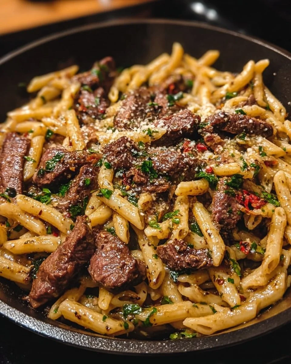 Spicy Garlic Butter Parmesan Steak Pasta