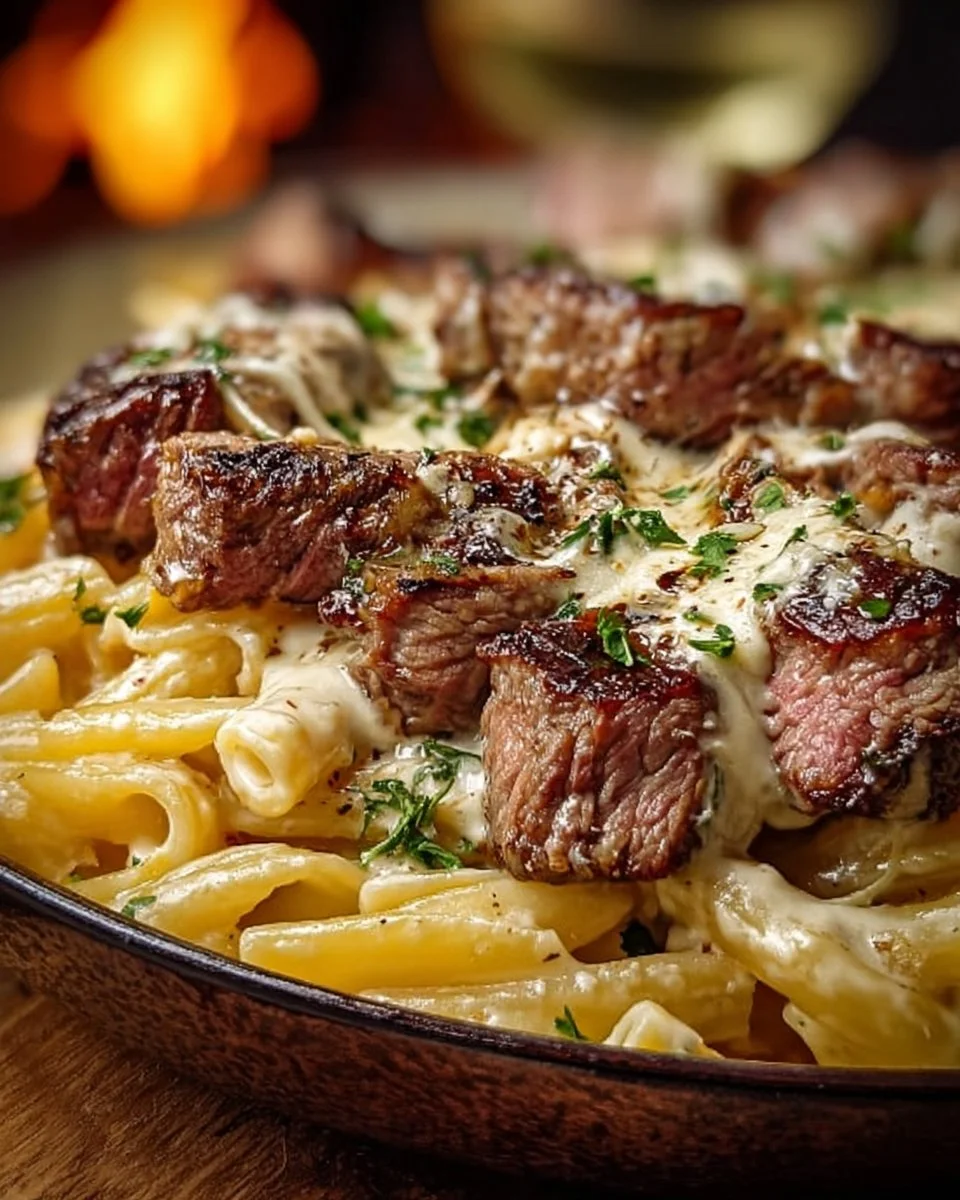 Steak and Creamy Garlic Parmesan Pasta