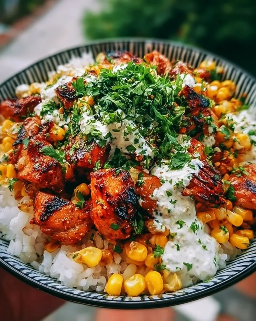 Delicious Street Corn Chicken and Rice Bowl topped with fresh ingredients.