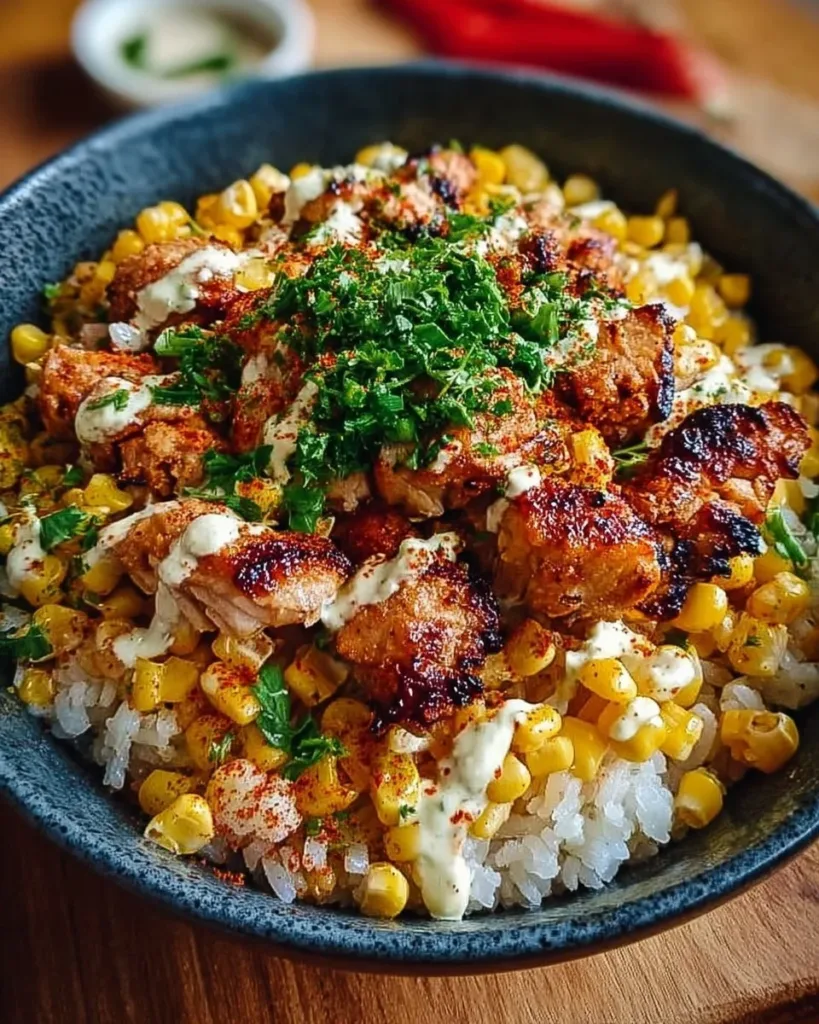 Delicious Street Corn Chicken Rice Bowl topped with fresh ingredients.
