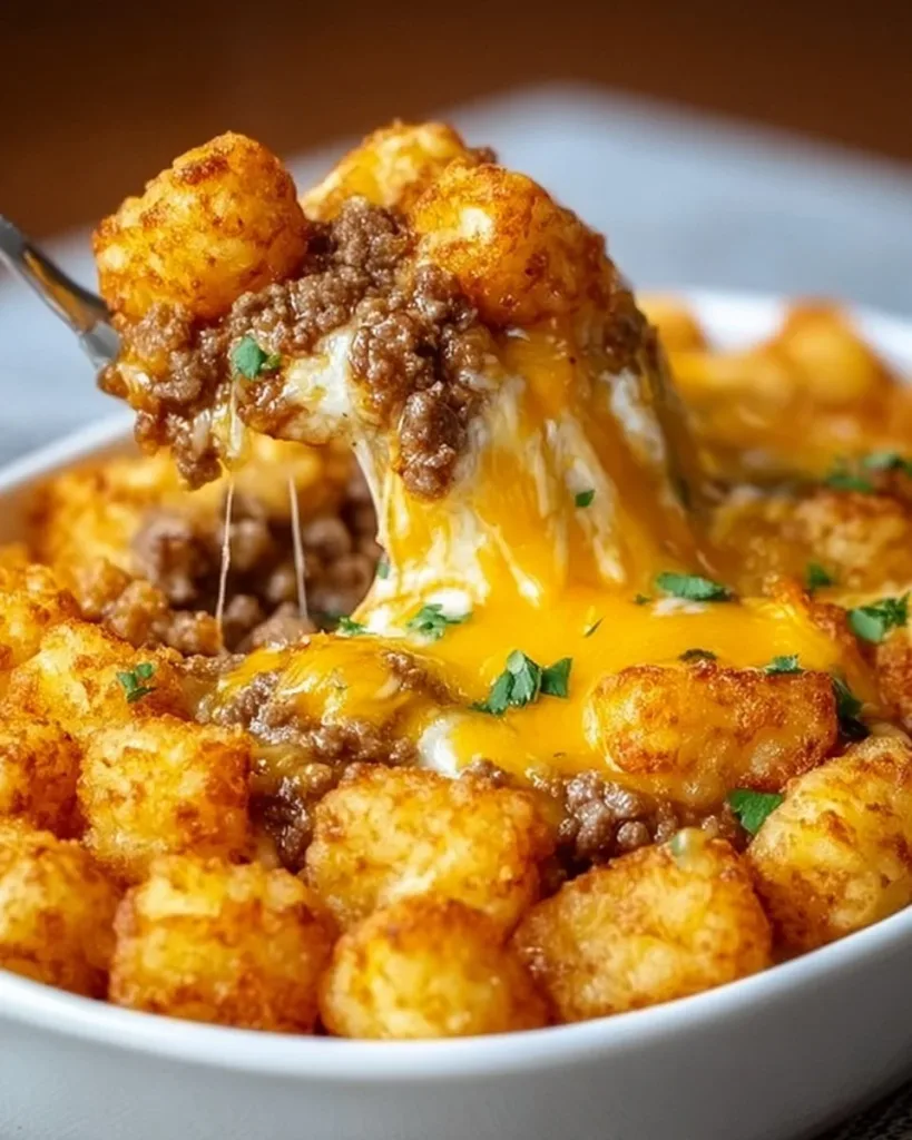 Tater Tot Casserole with Ground Beef topped with crispy tater tots and cheese