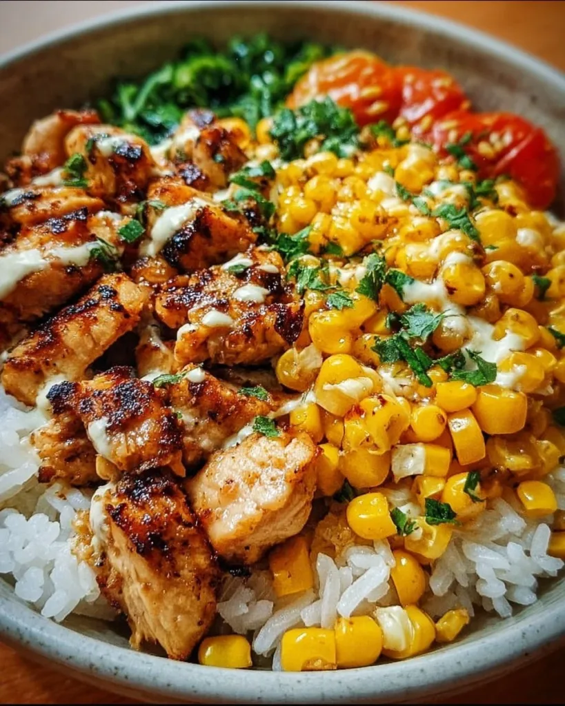 Delicious 30-minute elote chicken bowl with vibrant toppings.