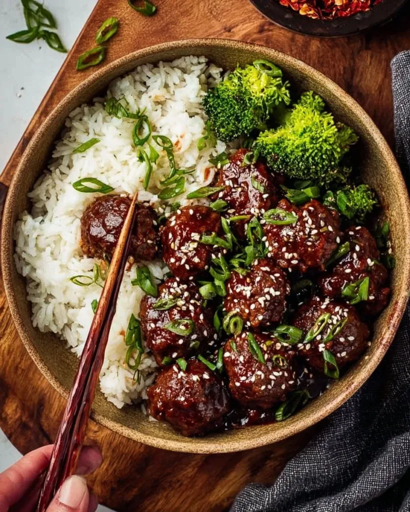 30-Minute Mongolian beef meatballs served with rice and vegetables.