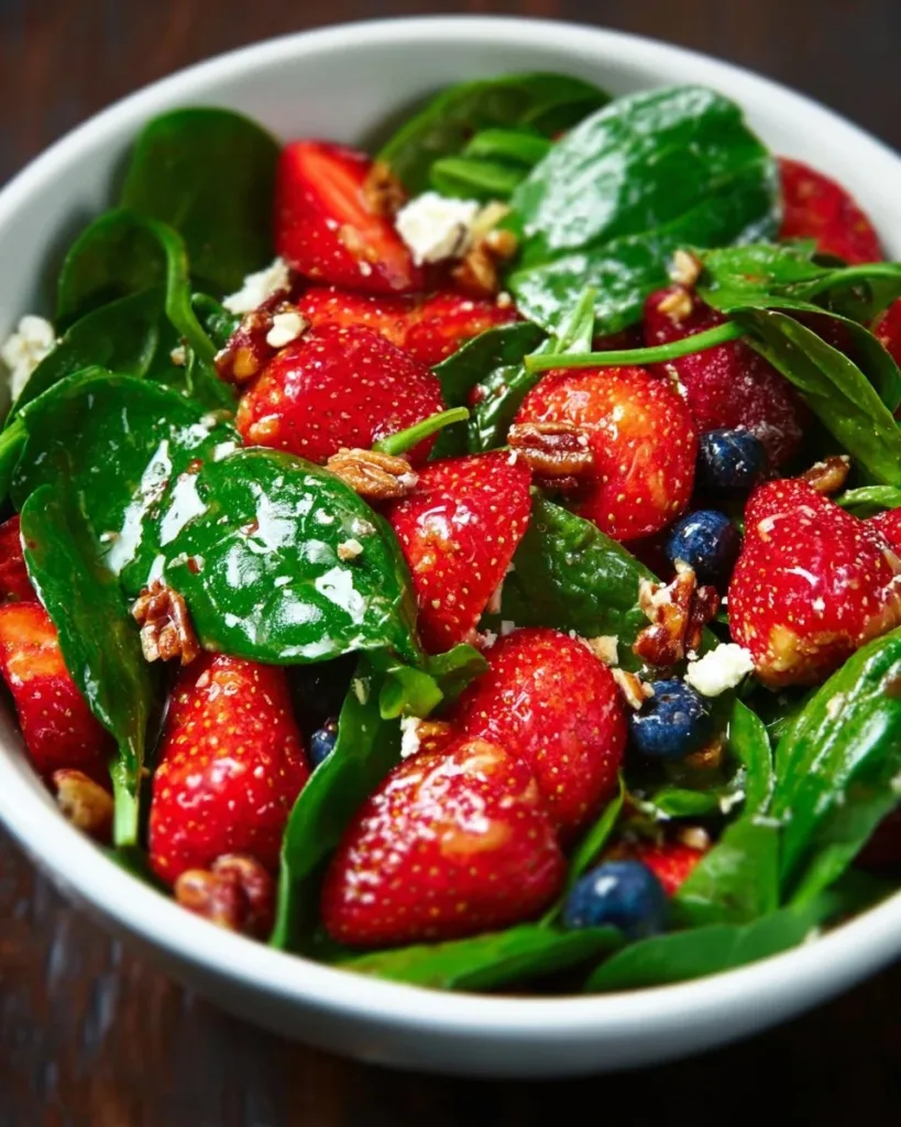 Delicious strawberry spinach salad with fresh ingredients served in a bowl