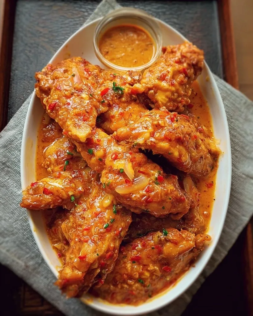 Plate of delicious Bang Bang Chicken with spicy sauce and garnishes