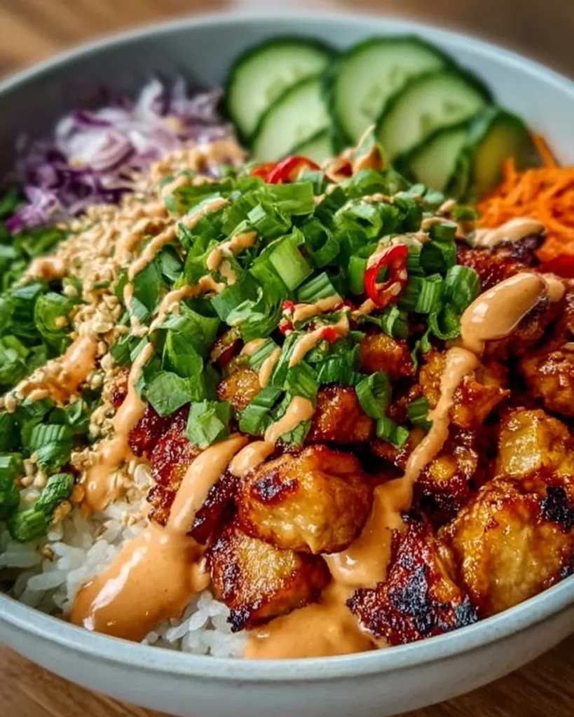 Delicious Bang Bang Chicken Bowl with spicy sauce and fresh ingredients