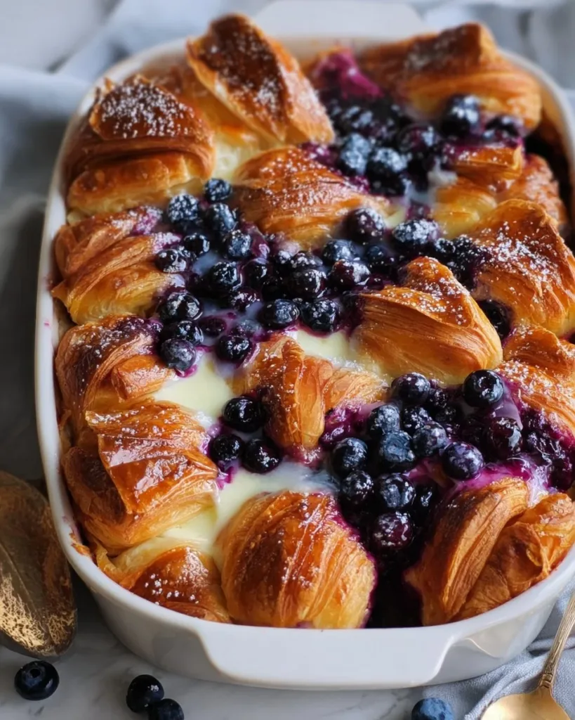 Blueberry cream cheese croissant casserole served warm with fresh blueberries