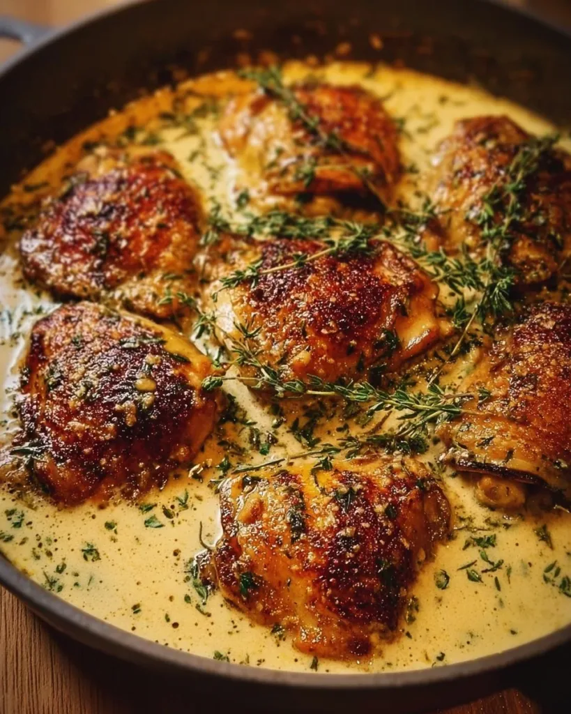 Bobby Flay's skillet chicken thighs in creamy garlic sauce served in a skillet