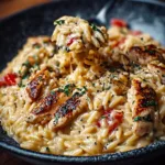 A creamy bowl of Cajun Chicken Alfredo Orzo topped with parsley and spices.