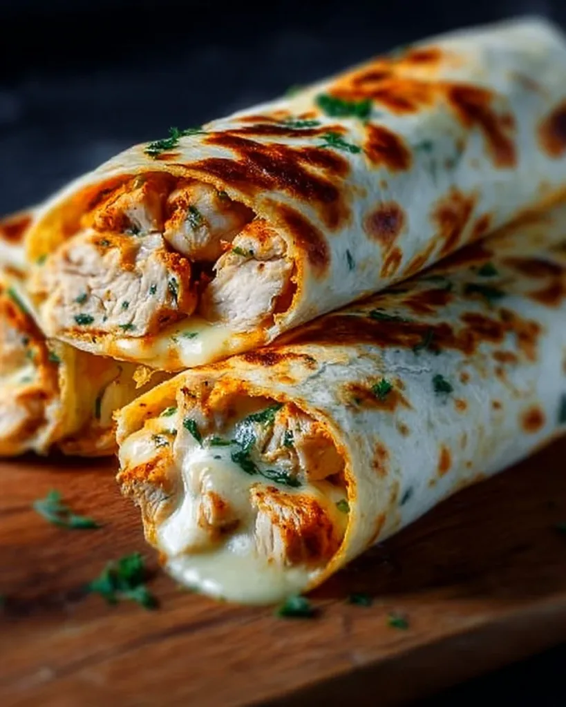 Cheesy garlic chicken wraps ready to serve, garnished with fresh herbs.