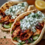 Chicken Gyros with Greek Feta Tzatziki served on a plate